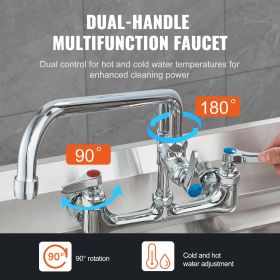 Wall-Mounted Brass Kitchen Faucet, 36" Tall, 8" Installation Width, Includes 12" Rotating Spout and Pull-Down Sprayer, Suitable for Single, Doubl