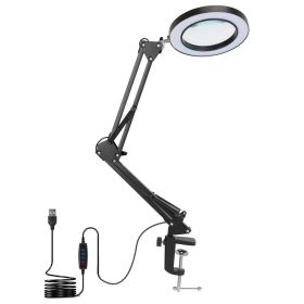 1Pack 2 In 1 LED Magnifier Desk Lamp 8x Magnifying Glass With Light Swing Arm Desk Table Light USB Reading Lamp With Clamp Stand 10 Brightness 3 (Option: Black)