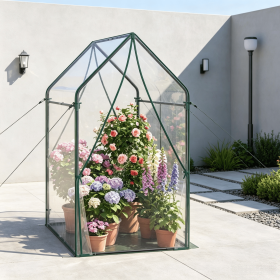 Mini Greenhouse Metal Frame with Waterproof Bottom Mat And Wind Ropes for Plant Protection Outdoor Gardening Equipment (Color: Clear)